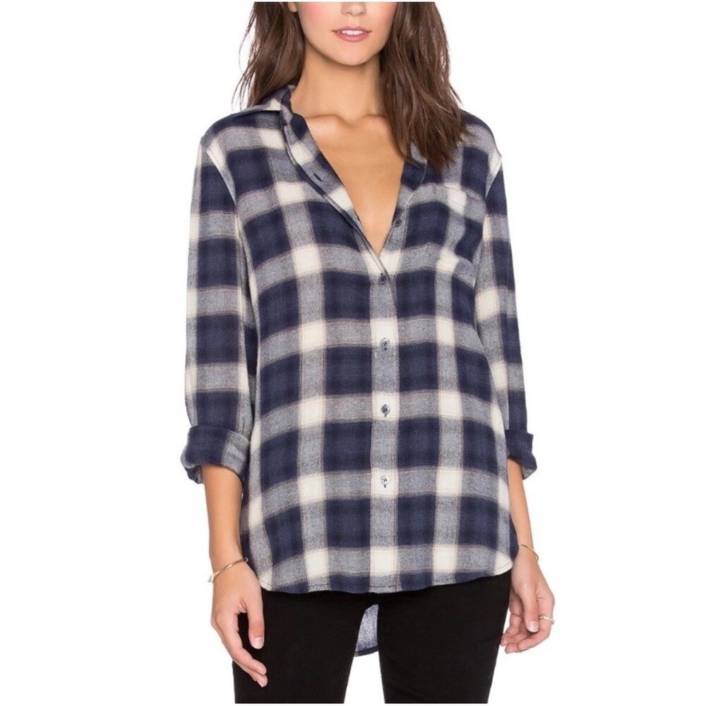 Theory Simara Wool Blend Plaid Button Down Shirt Navy Long Sleeve Women's Size M